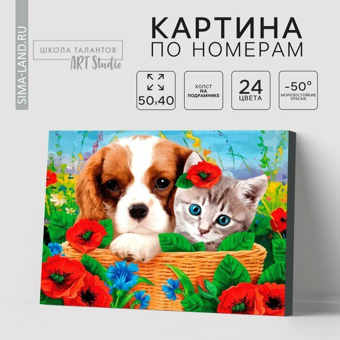Картина по номерам на холсте с подрамником «Котенок и щенок» Школа талантов - фото №10