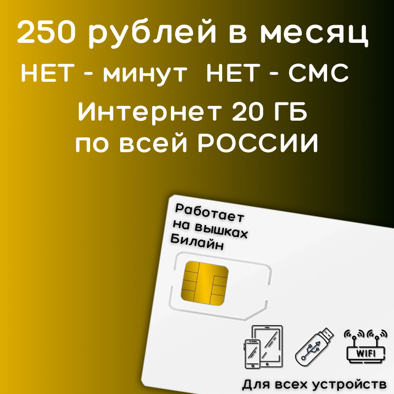 Сим карта интернет 250 рублей в месяц по РФ 20 ГБ для любых устройств: телефон модем роутер камера 4G LTE YABELV1