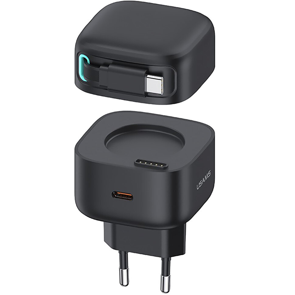 фото Сетевой адаптер Usams US-CC202 XMF PD35W GaN с телескопическим кабелем Type-C Чёрный