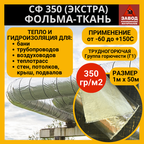 Утеплитель фольма ткань (350 экстра) 1x50м. Теплоизоляция - стеклоткань покрытая алюминиевой фольгой. Защитный экран для печи, трубы, вентиляции.