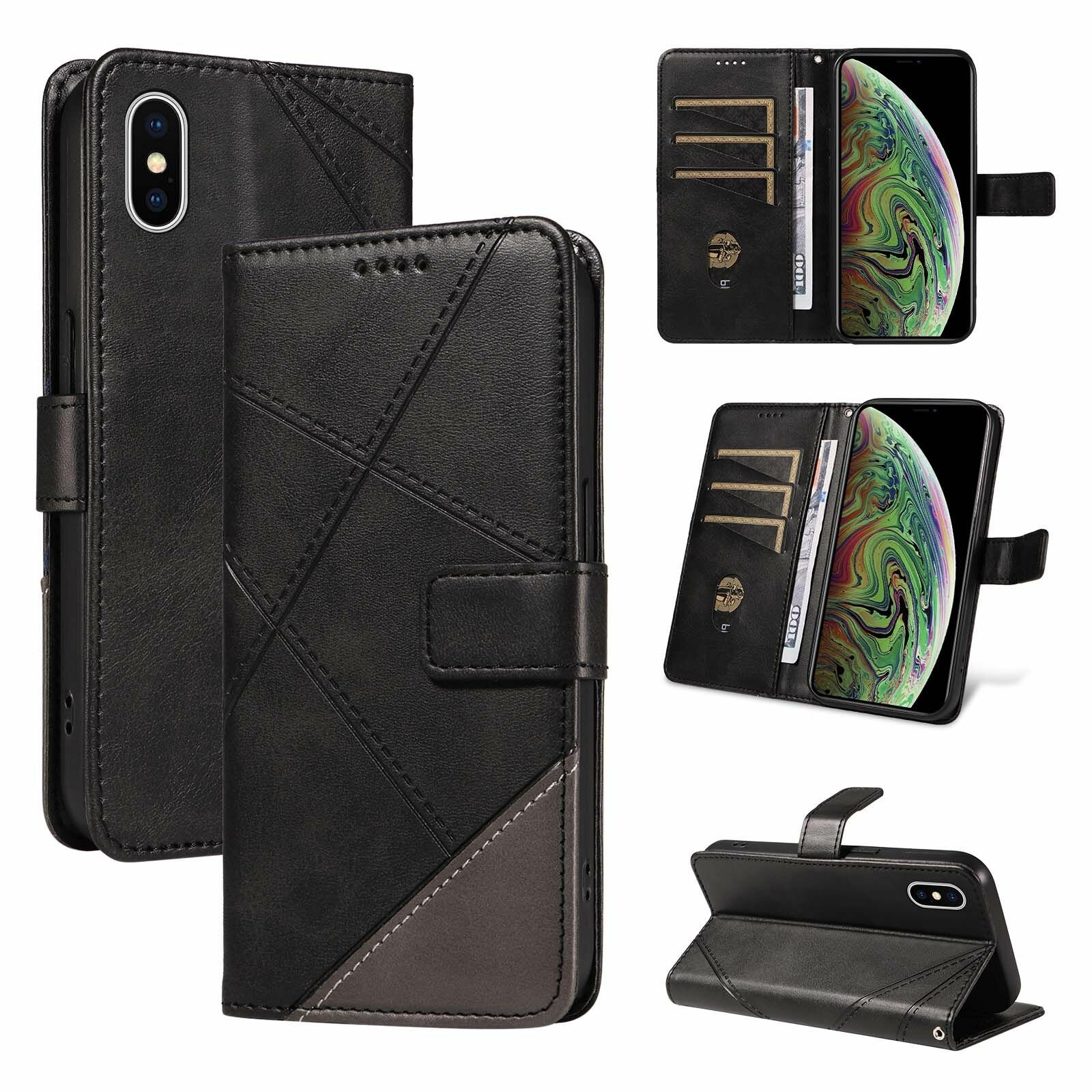 YIKATU Чехол книжка для Apple iPhone X / iPhone XS (Айфон Х / Айфон ХС) кожаный черный с магнитной застежкой, flip чехол с функцией подставки, С вытяжным шнуром