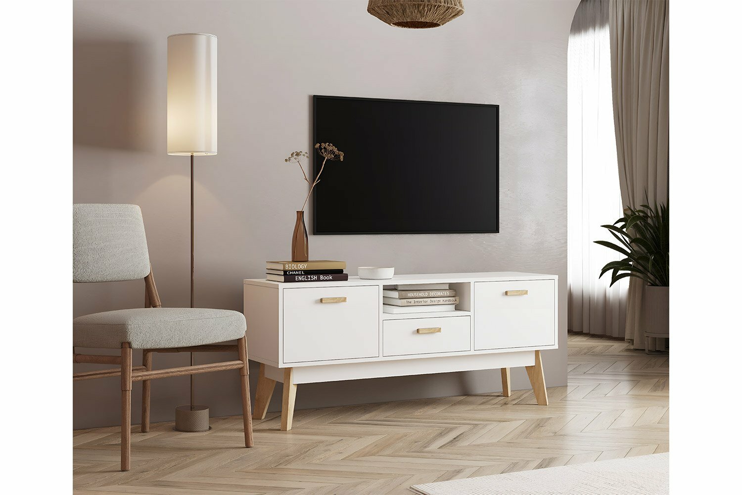 ТВ-тумба напольная белая, 3 ящика, 129 см х 40 см х 57 см Light