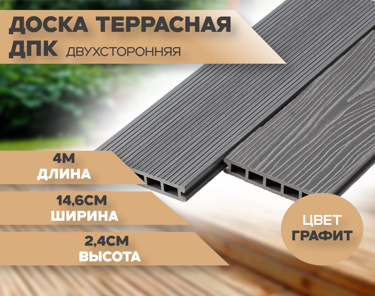 Террасная двухсторонняя доска из ДПК размером 24 х 146 х 4 000 мм, цвет Графит