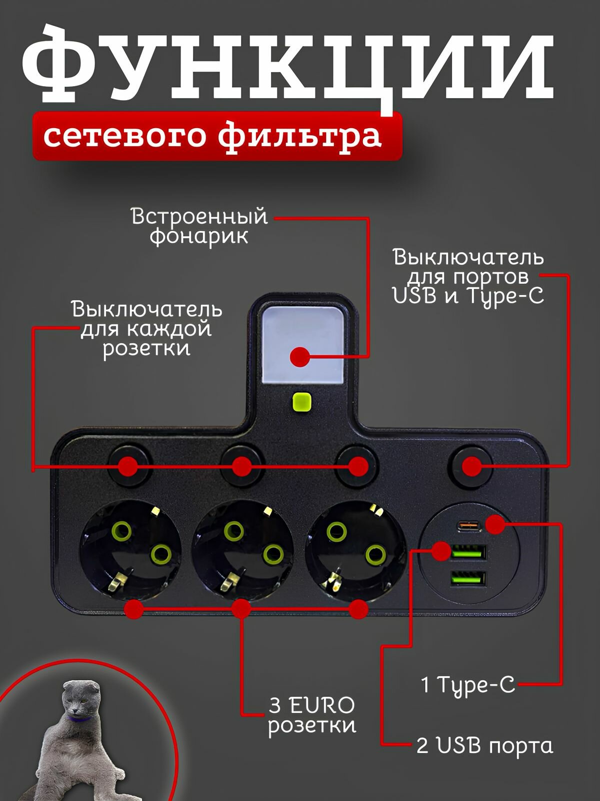 Тройник-разветвитель, с подсветкой, черный, 2500Вт, 3 розетки и 2USB — фото 1