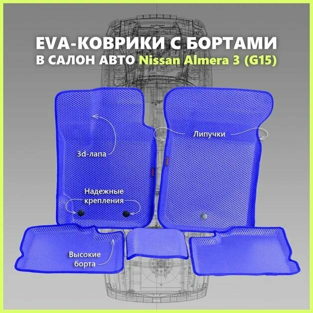 Автомобильные Ева/EVA коврики с press/пресс бортами на Nissan Almera III (G15) с 2013 - г, ПРЕМИУМ_3D, синие с синим кантом