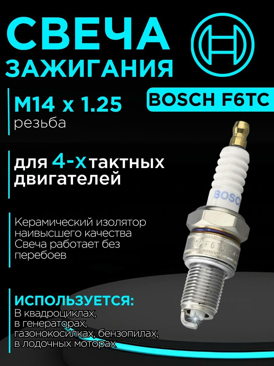 Свеча зажигания BOSCH F6TC для Двигателей, Мотоблоков, Культиваторов, Мотопомп, Бензогенераторов.