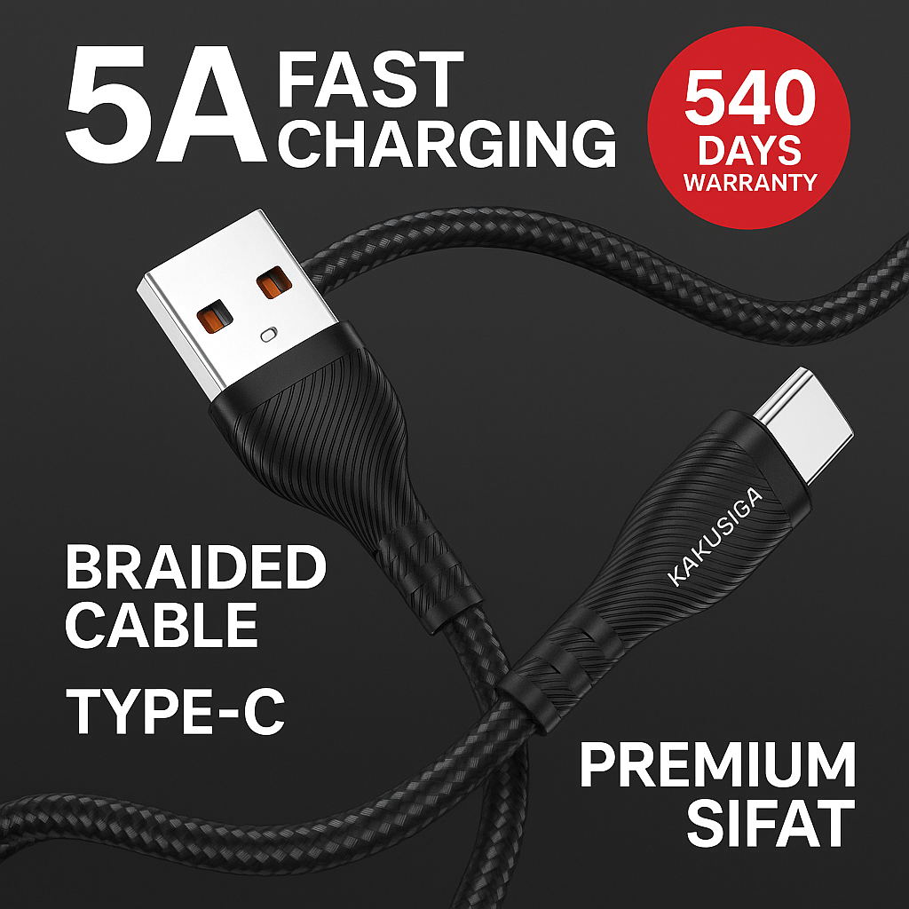 Кабель Kakusiga USB–Type-C 5A — кабель для быстрой зарядки и передачи данных, черный цвет
