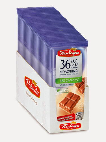 Изображение товара Шоколад Победа вкуса молочный без сахара 36% какао, 50 г / 30 шт