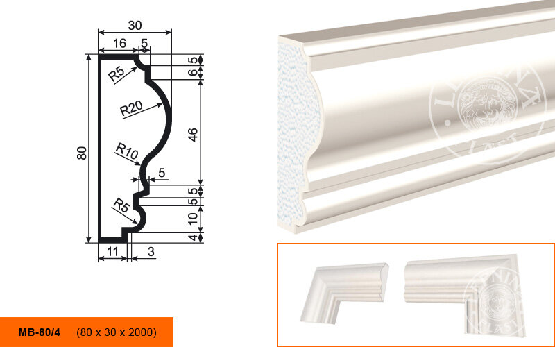 Фасадный Молдинг Lepninaplast МВ-80/4 В80хШ30хД2000 мм / Лепнинапласт.