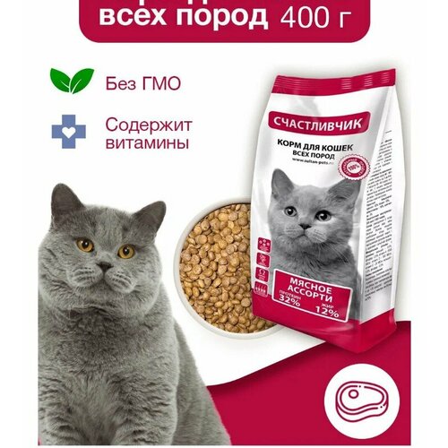 Корм для кошек Счастливчик 400 г / Мясное ассорти / Сухой корм