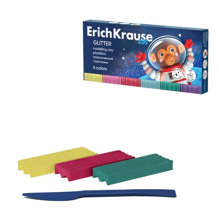 ErichKrause Пластилин 6 цветов, 108 г, ErichKrause "Kids Space Animals Glitter", с блестками, со стеком, в картонной упаковке