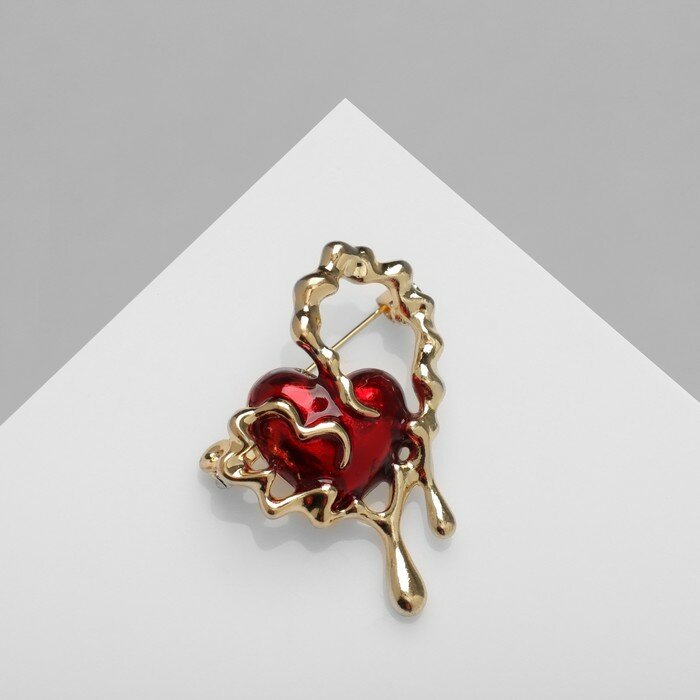 фото Брошь "Сердце" абстракт, цвет красный в золоте 9902594