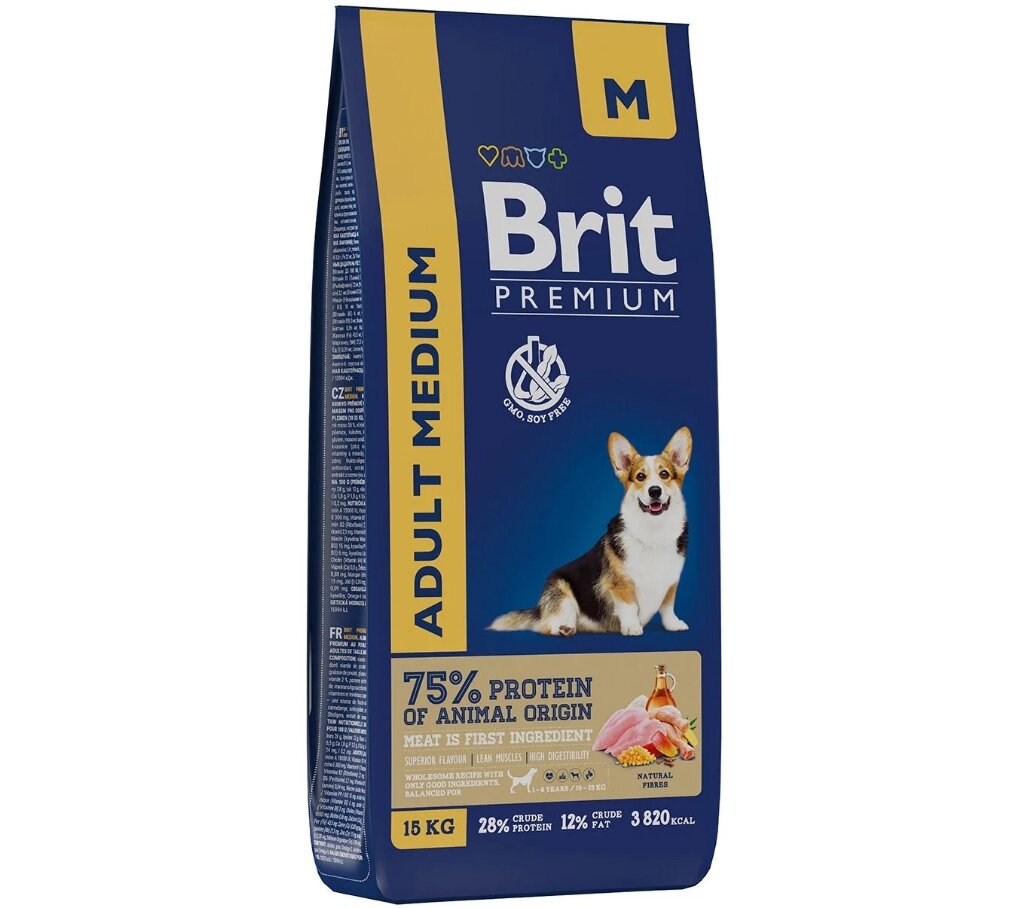 Сухой корм для взрослых собак Brit Premium, курица 1 уп. х 15 кг (для средних и крупных пород)