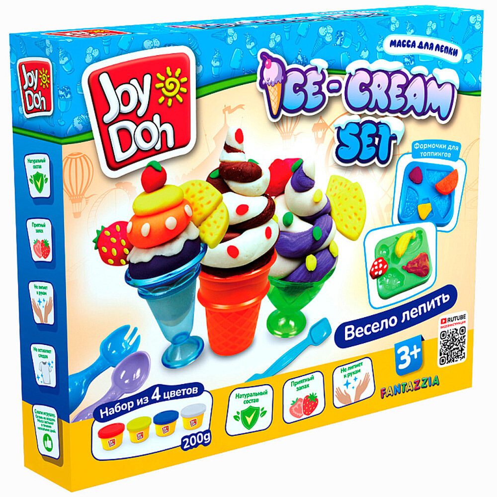 Набор для творчества Масса для лепки Joy Doh набор ICE-CREAM set-мороженое, доп. пресс-формы для фруктов,10 аксессуаров,4 баночки с тестом ICEC-200 pot /12/ ***