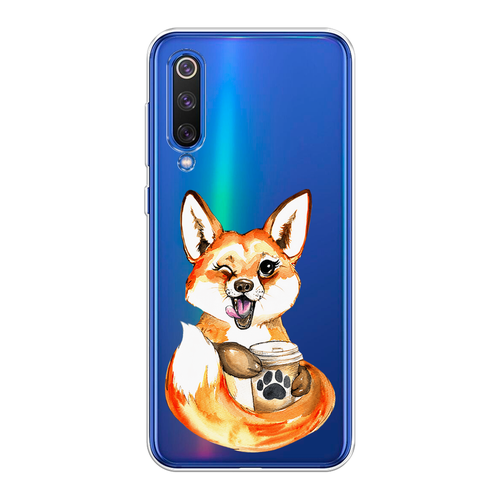 Силиконовый чехол на Xiaomi Mi9 SE / Сяоми Mi 9 SE Подмигивающая лиса с кофе, прозрачный силиконовый чехол на xiaomi mi9 se сяоми mi 9 se прозрачный