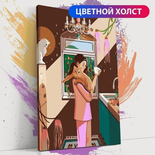 Изображение товара Картина по номерам на холсте с подрамником, "Девушка и рыжий кот", 40х60 см
