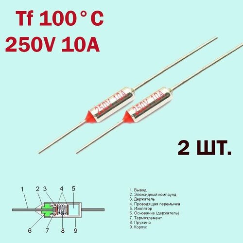 2шт. Термопредохранитель 100C 250V 10A