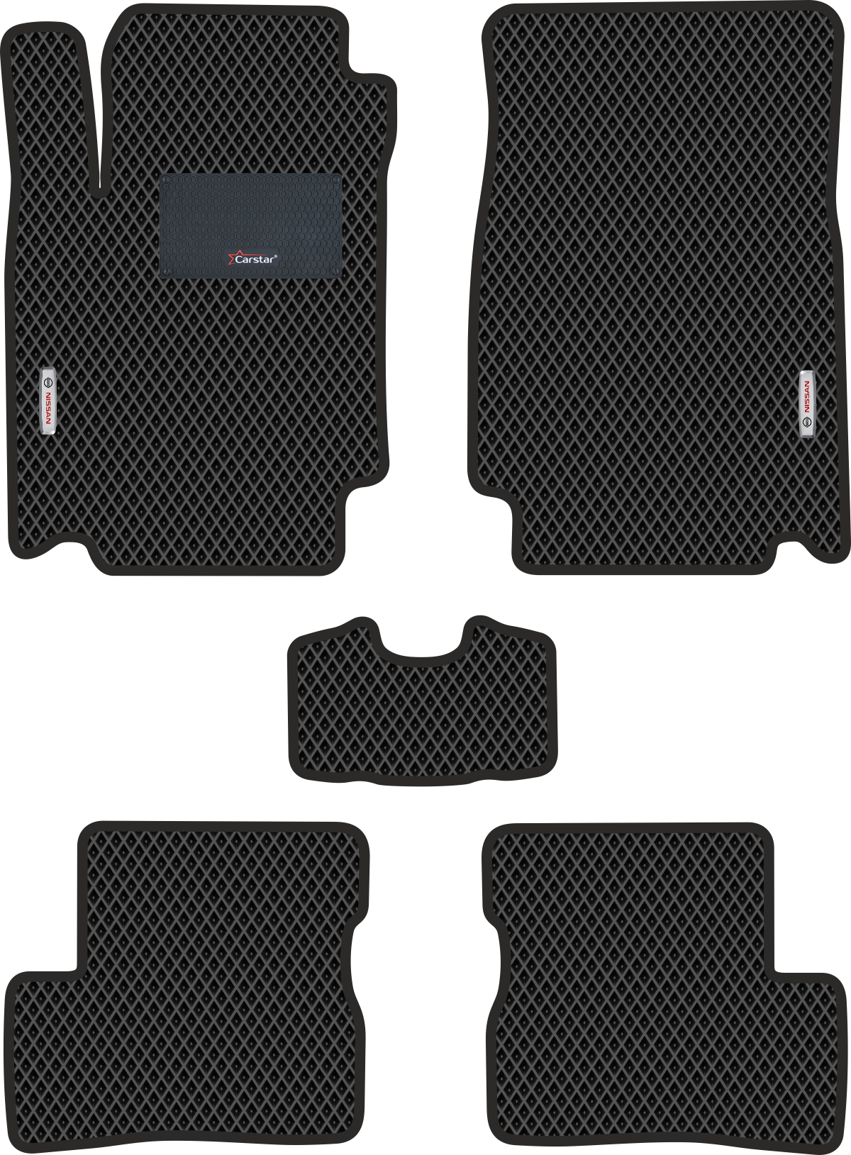 Автомобильные коврики EVA для Nissan Micra III K12 (2002-2010), с каучуковым подпятником и 2 эмблемами Nissan, чёрные с чёрным кантом, ячейка - ромб