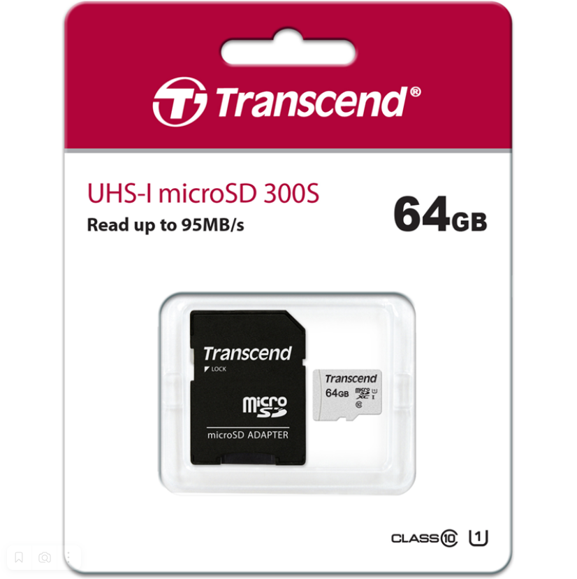 Карта памяти Transcend 64GB microSDXC 300S TS64GUSD300S-A карта памяти Class 10 UHS-I U1 R95 W45MB/s с SD адаптером
