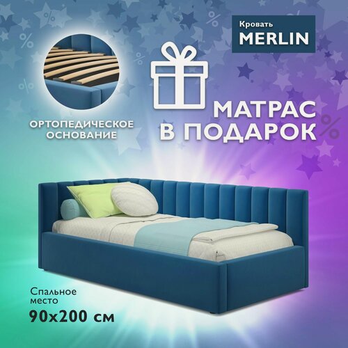 Изображение товара Односпальная угловая кровать c матрасом, Тахта 90х200 с мягкой спинкой "MERLIN-AQUA"