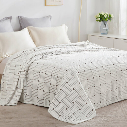 Плед 200х220 евро размер на диван Cleo Bamboo мягкий пушистый с рисунком, микрофибра бежевый, белый, размер евростандарт