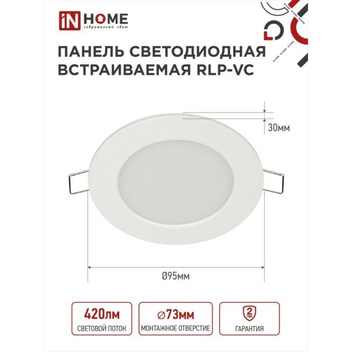 INhome Панель светодиодная IN HOME RLP-VC, 6 Вт, 230 В, 6500 К, 420 Лм, 95x30 мм, круглая, белая