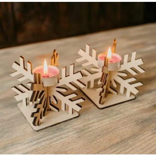 Деревянный новогодний подсвечник 2 шт Снежинки 656₽