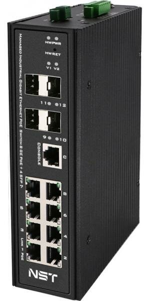 Промышленный управляемый (L2+) HiPoE коммутатор Gigabit Ethernet на 8GE PoE + 4 GE SFP порта с функцией мониторинга температуры/ влажности/ напряжения