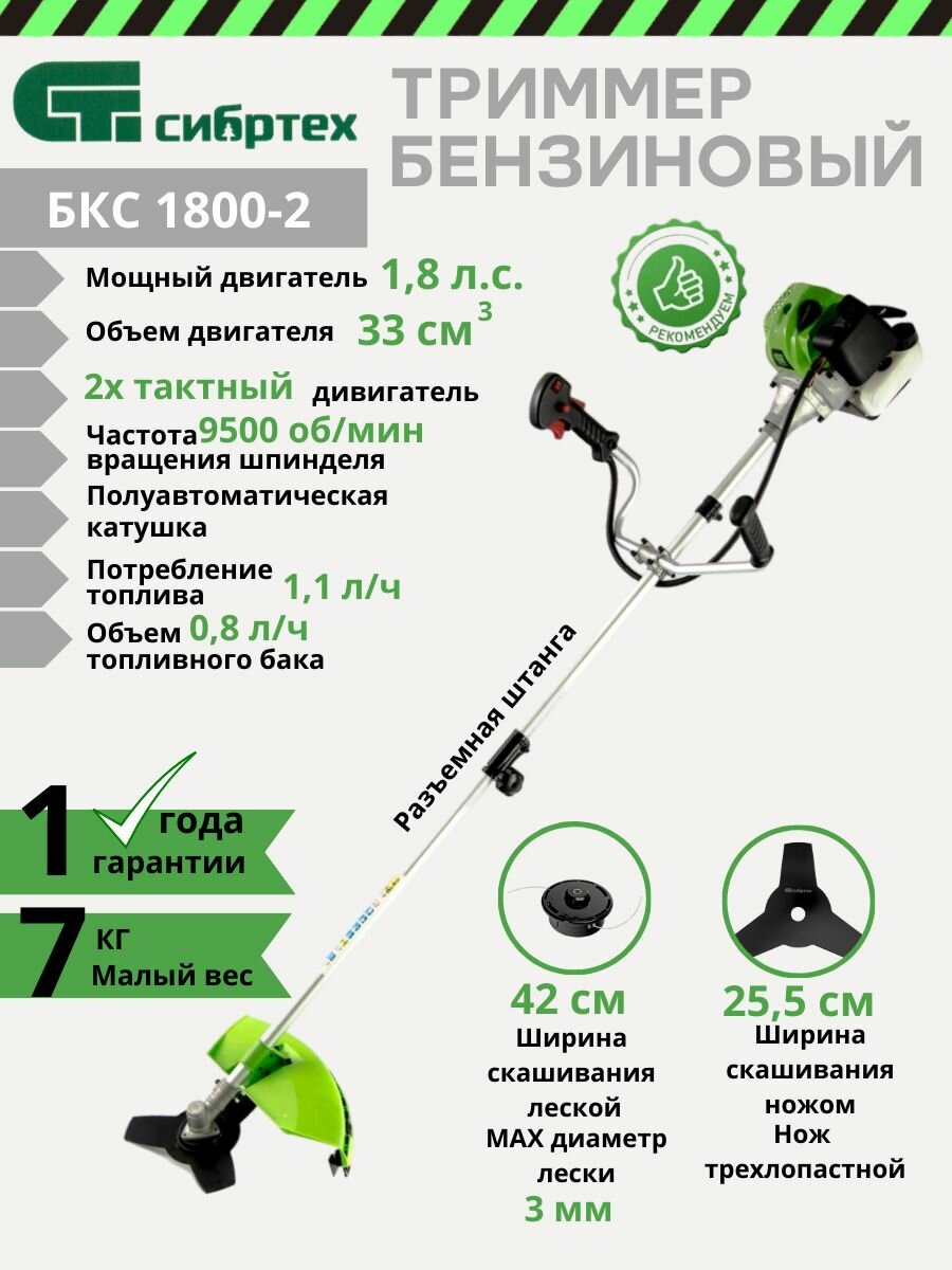 Триммер бензиновый СИБРТЕХ БКС-1800-2, разборная штанга [96242] - фото №19