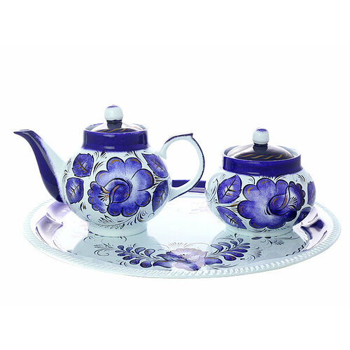 Гжельский комплект поднос, сахарница и чайник