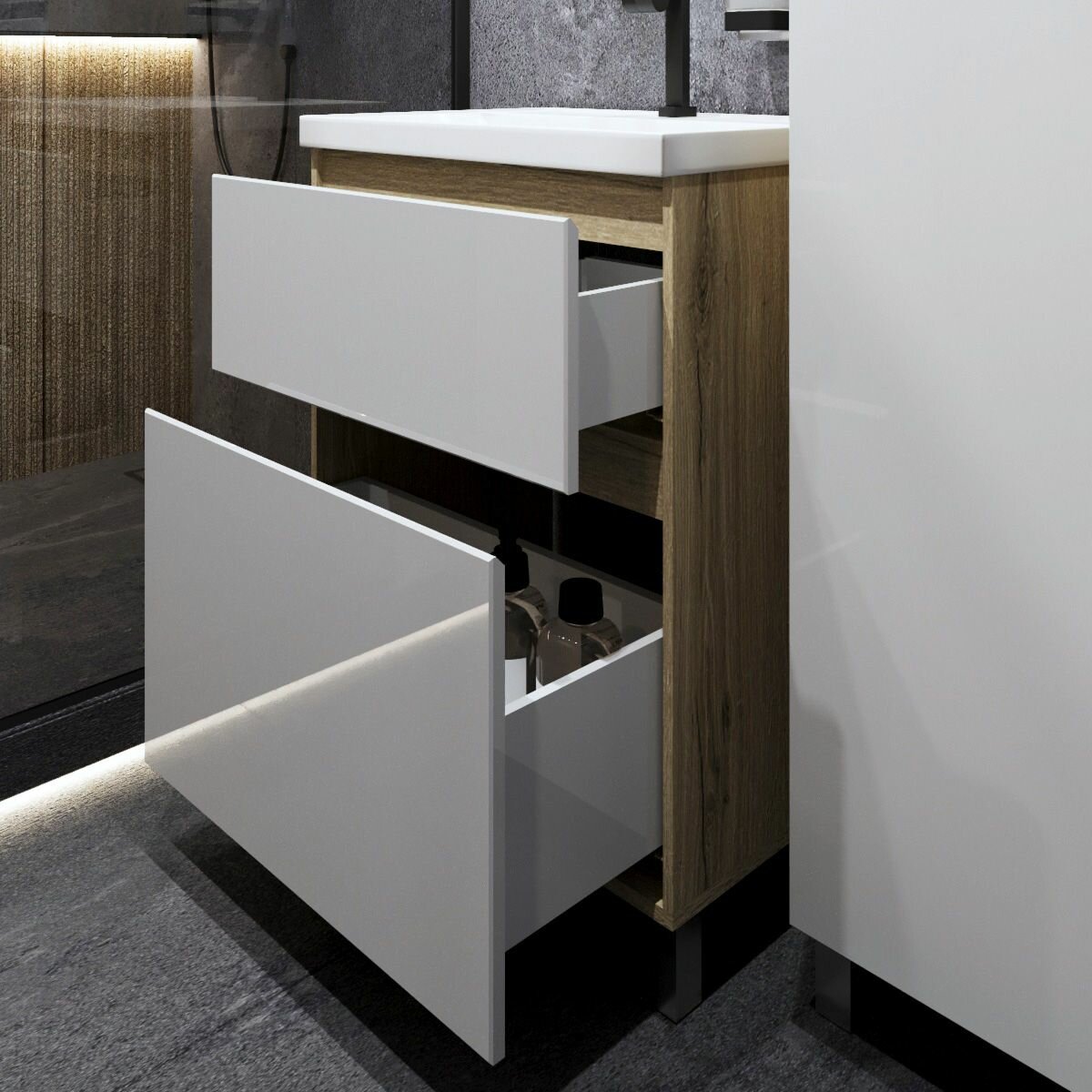 Тумба с раковиной в ванную, FAURAplus Аврора (Оливия) 60-2, напольная, фасад белый, глянцевый, раковина Classica. — фото 1