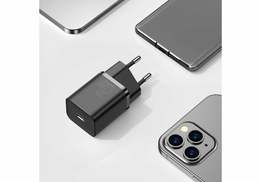 Сетевое зарядное устройство Baseus Super Si Quick Charger 1C 20W EU Sets with cable Type-C to Lightning 1m Black (TZCCSUP-B01) — фото 1