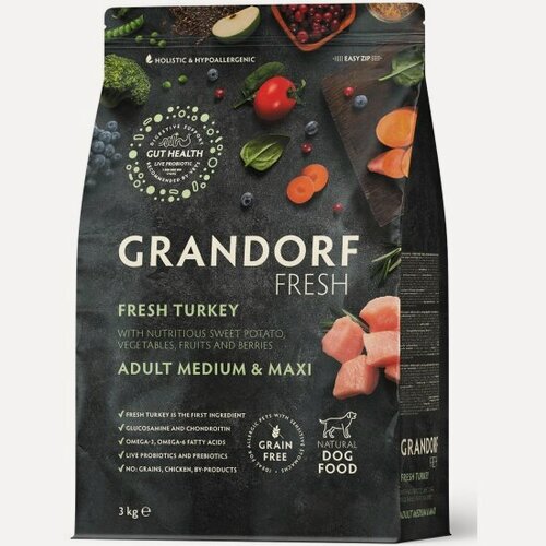 Изображение товара Корм сухой Grandorf Fresh , беззерновой с живыми пробиотиками, свежее мясо индейки с бататом для собак средних и крупных пород, 3 кг