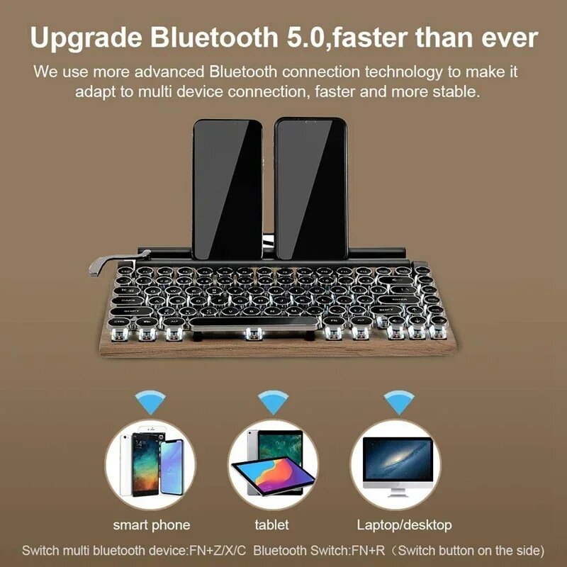 Ретро клавиатура для пишущей машинки, беспроводная Bluetooth-клавиатура, USB-механические колпачки для клавиш в стиле панк для настольного ПК/ноутбука/телефона, Wood — фото 1
