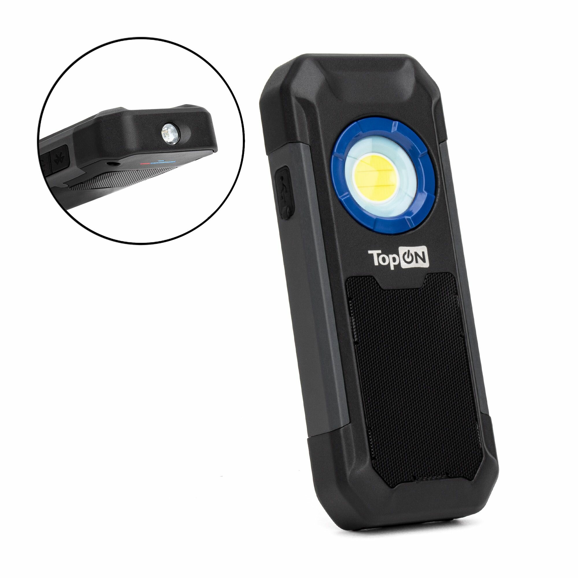 Аккумуляторный фонарь TOP-MX055BT (LED, 5 Вт, 550 люмен, Bluetooth колонка, магнитное крепление, крючок)
