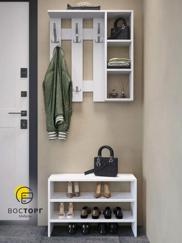 Изображение товара Вешалка и обувница "ВосторгМебель", настенная, белая, 70 см, комплект прихожей