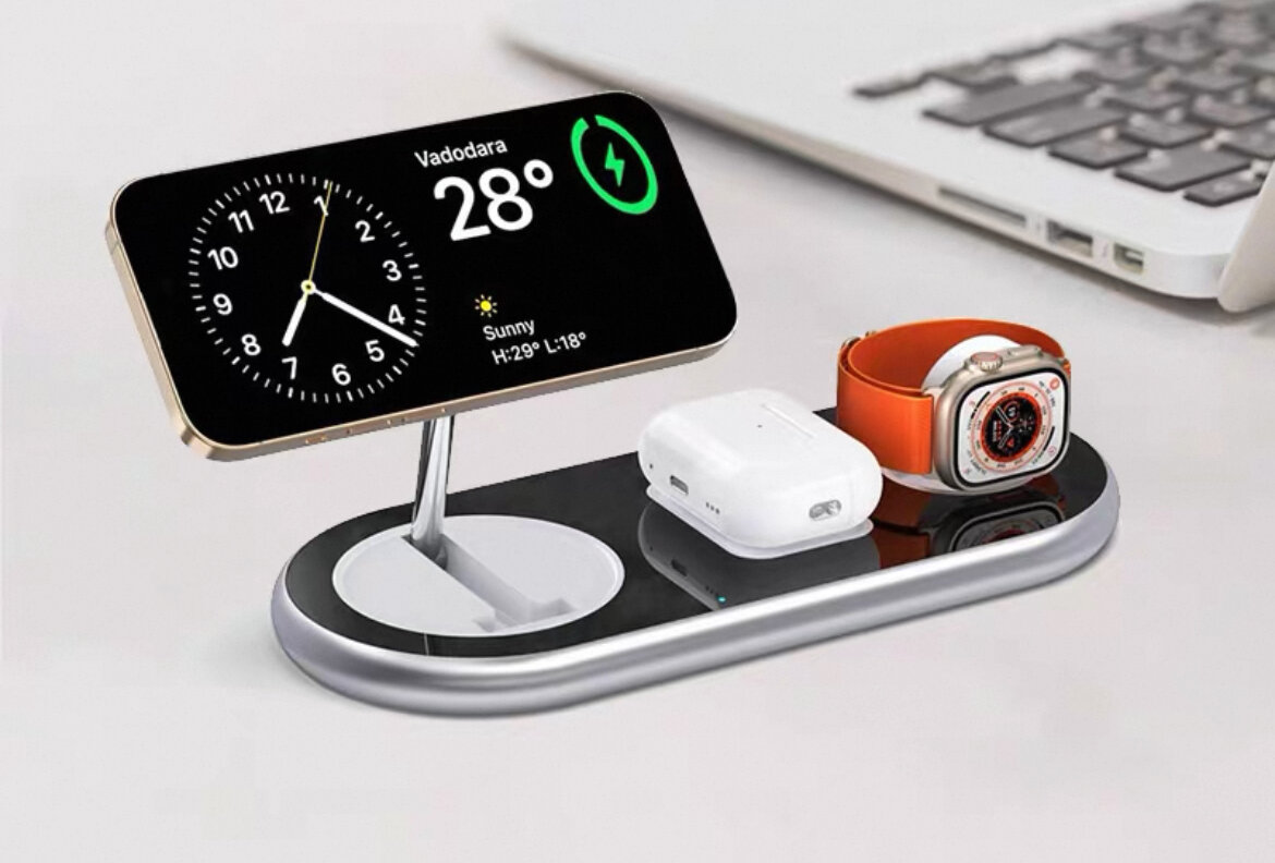 Беспроводная зарядная станция 3в1, зарядка MagSafe для телефона, часов, наушников, портативная зарядка, черный — фото 1