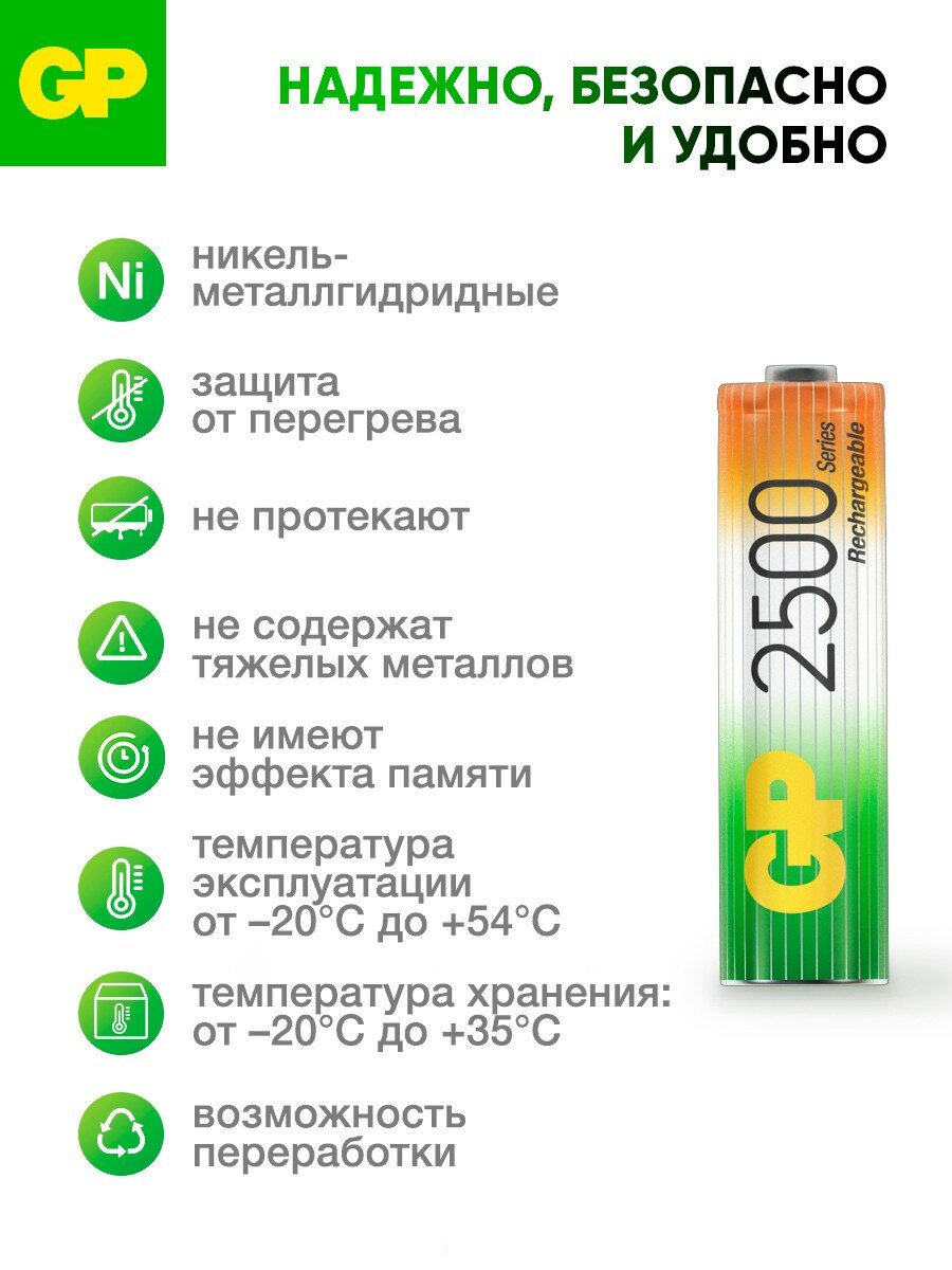 Батарейки АА аккумуляторные пальчиковые GP, перезаряжаемые аккумуляторы, 2500 мАч, 1.2 В, набор 4 шт — фото 1