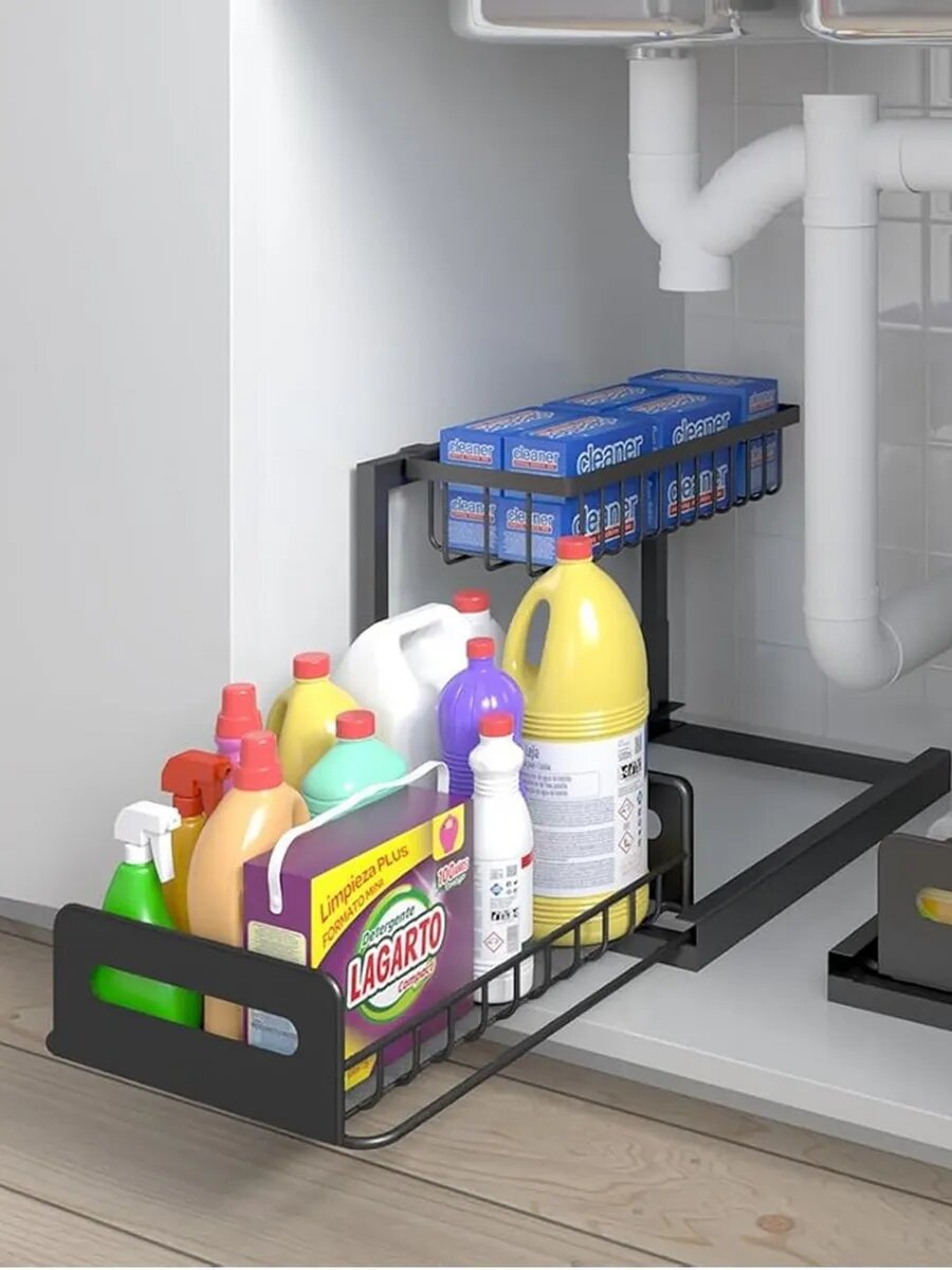 Органайзер под раковину на кухне, выдвижной, 2 яруса, металлический, черный