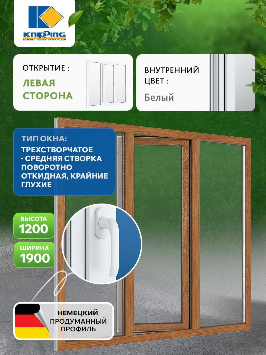 Окно ПВХ Трехстворчатое (Средняя створка поворотно откидная, крайние глухие) 1900_1200 — фото 1