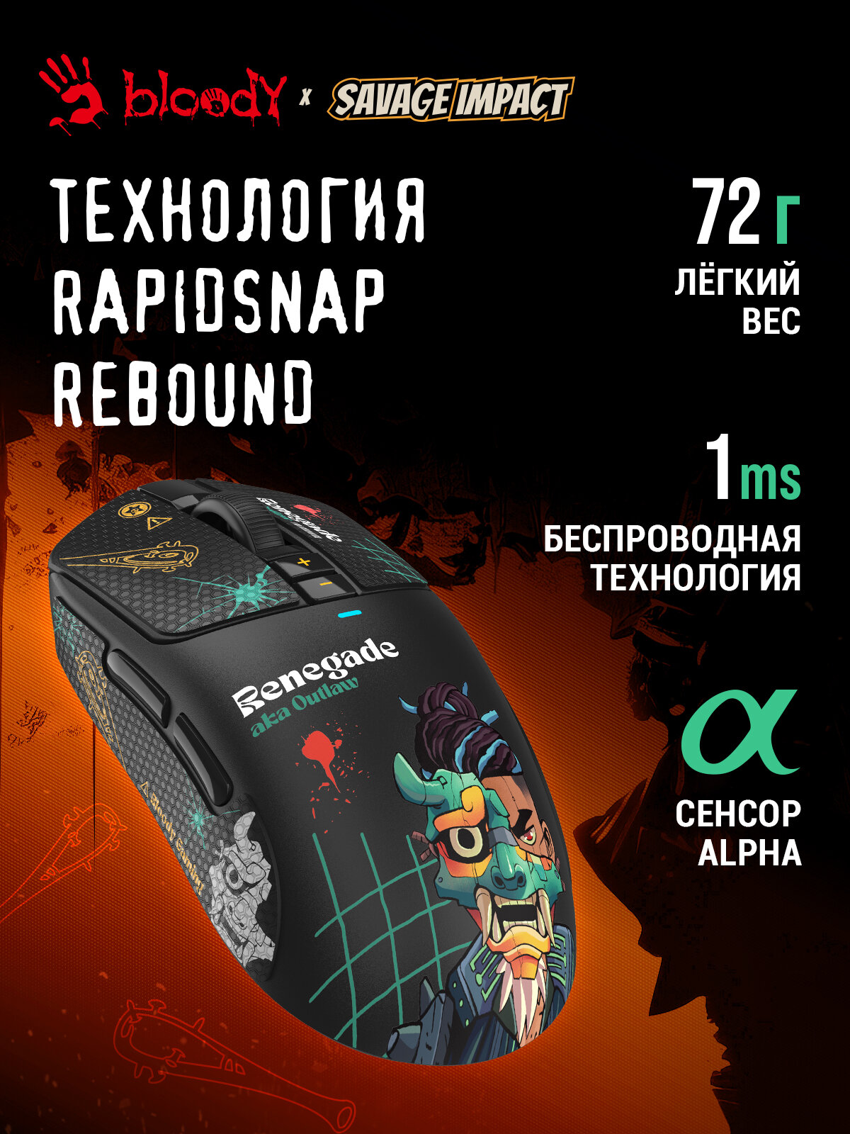 Мышь A4Tech Bloody R72 Ultra Duo черный/рисунок оптическая (20000dpi) беспров. USB (7but) — фото 1