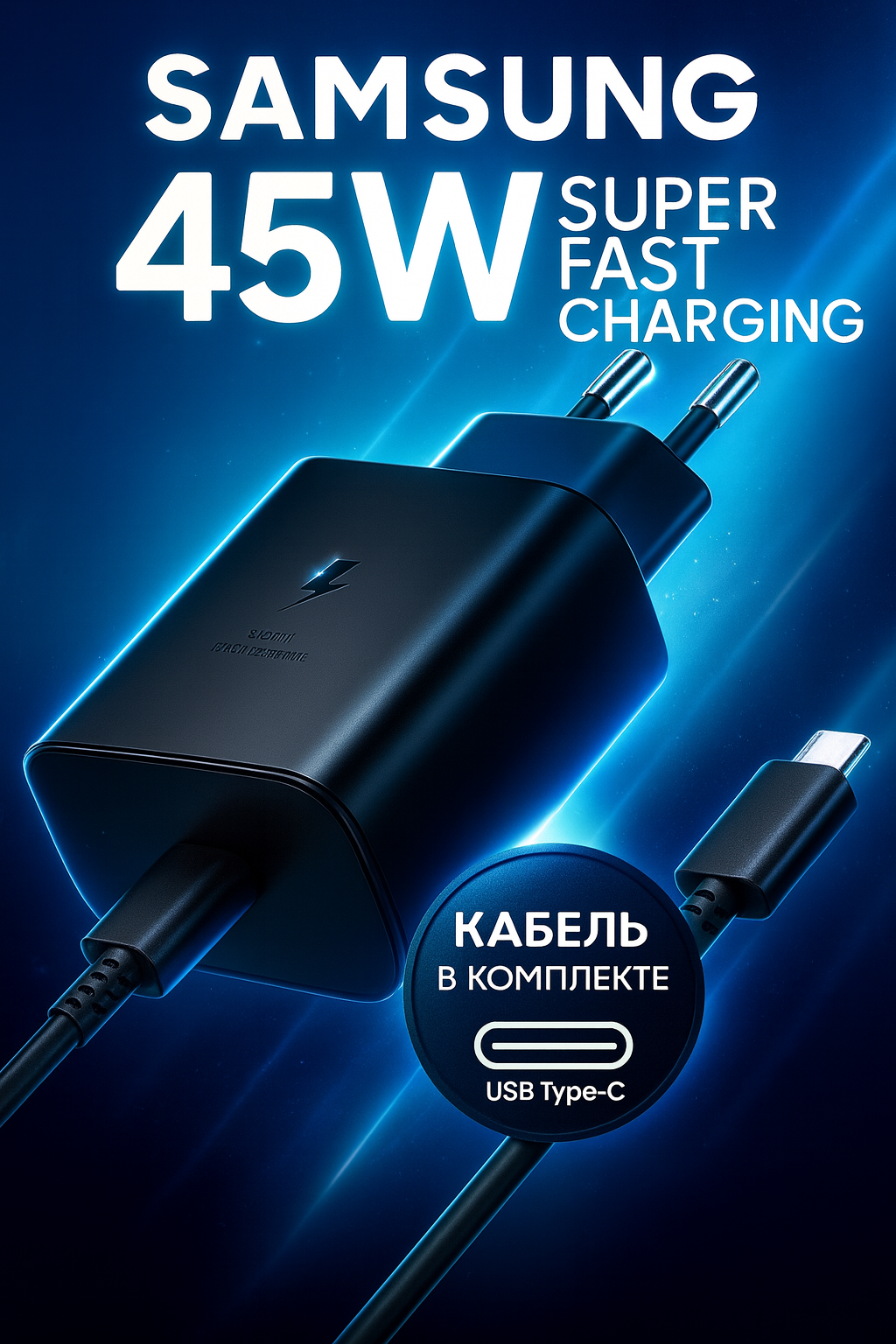 Сетевое зарядное устройство Samsung 45 Вт, быстрая зарядка USB-C, черный, для смартфонов и планшетов