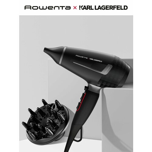 фото Профессиональный фен для волос rowenta karl lagerfeld k/pro stylist cv887lf0 с ионизацией и 3 насадками, 6 режимов, 2200 вт, черный