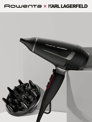 Изображение товара Фен для волос профессиональный Rowenta Karl Lagerfeld K/Pro Stylist CV887LF0 с ионизацией и 3 насадками, 6 режимов, 2200 Вт, черный
