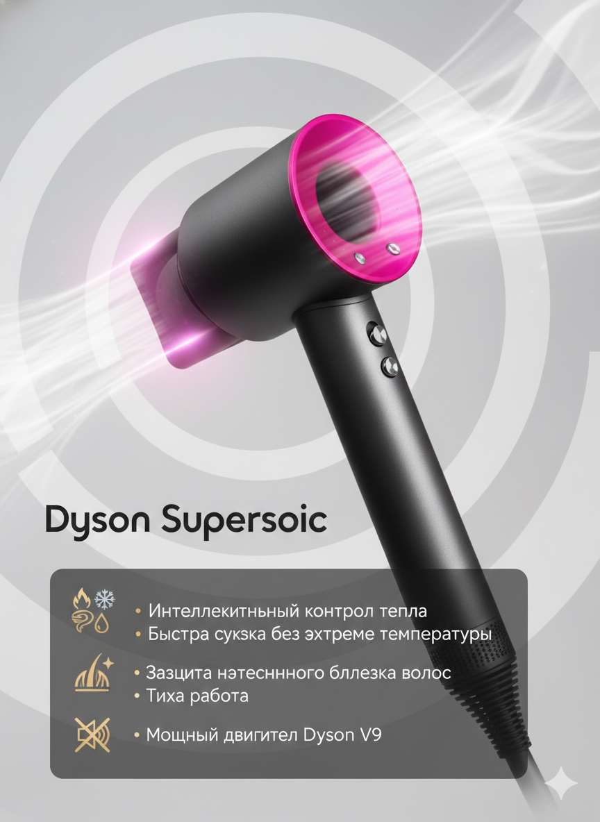 Фен-стайлер Dyson, мощность 1600Вт, 4 температурных режима, 5 магнитных насадок, Leafless Hair Drier