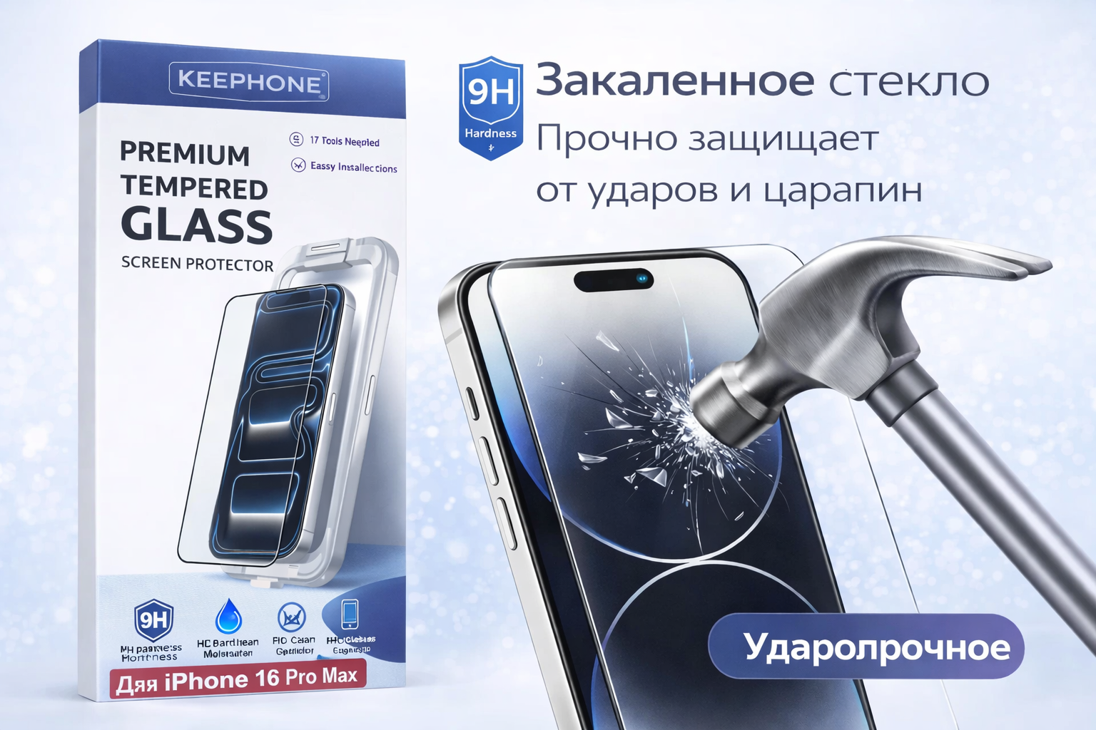 Защитное стекло Keephone iPhone 16 Pro Max 9H, прозранчый, скруглённые края — фото 1