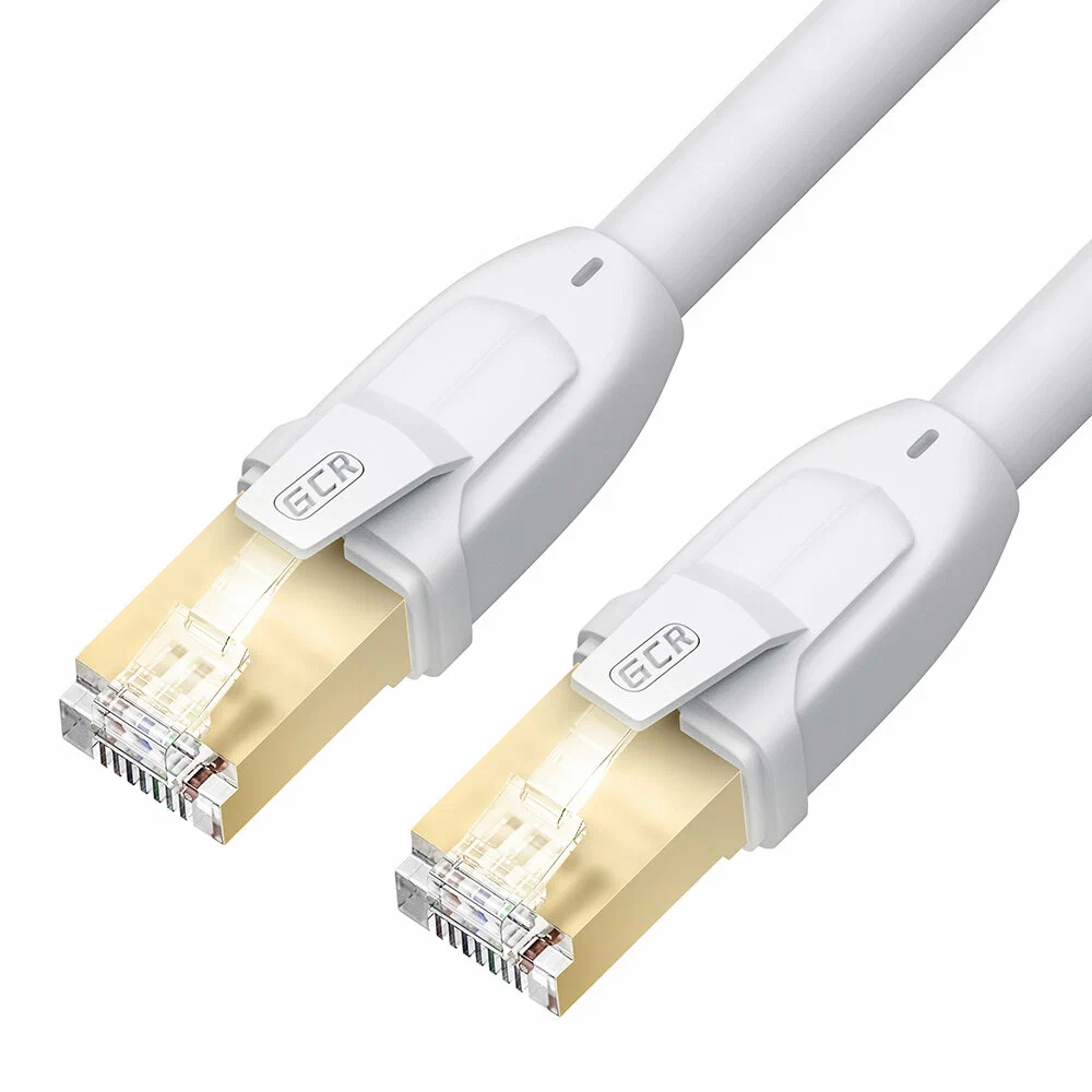 Lan кабель GCR PROF LSZH S/FTP cat.8 40 Гбит/с RJ45 LAN ethernet high speed компьютерный кабель для интернета медный экранированные коннекторы контакты 24K GOLD (GCR-L306) белый 1.0м