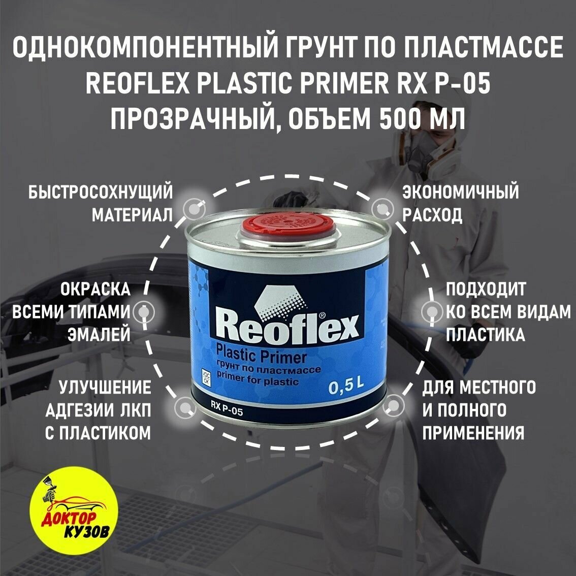 Грунт акриловый по пластмассе 500 мл REOFLEX, прозрачный / Грунтовка по пластику для бампера авто / Автогрунтовка однокомпонентная Plastic Primer, RX P-05