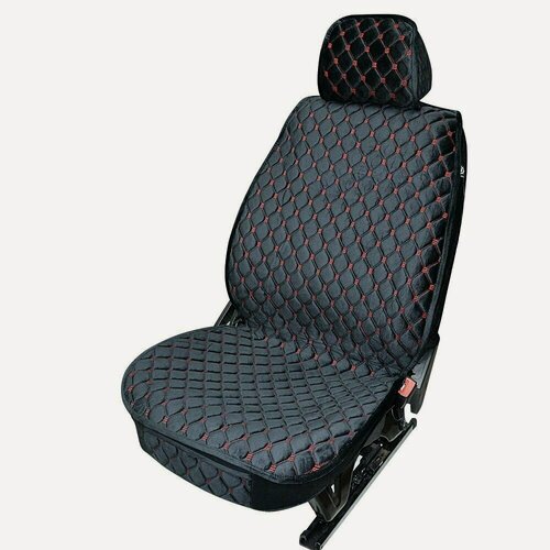 Изображение товара Накидки-чехлы для Шкода Кодиак (2016 - 2022) внедорожник 5 дверей / Skoda Kodiaq на весь салон Luxe VB, Велюр, Черный с красной строчкой.