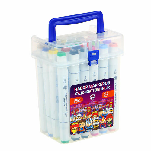 BY Набор маркеров худож 24 цвета 2-сторонний скошенный 6мм круглый 2мм в пластиковом боксе 970₽